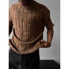 Elku Moda Vintage Görünümlü Bisiklet Yaka Triko Relaxed Fit Asit Yıkama Örme Tişört