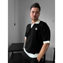 Elku Moda Erkek Oversize Çizgili Triko Polo Yaka Tişört Old Money Stil Örme Polo T-Shirt