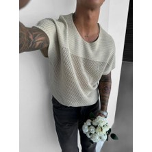 Elku Moda Erkek File Dokulu Örme Oversize Tişört Bisiklet Yaka Delikli Yazlık Triko T-Shirt