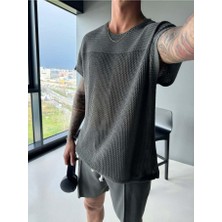 Elku Moda Erkek File Dokulu Örme Oversize Tişört Bisiklet Yaka Delikli Yazlık Triko T-Shirt