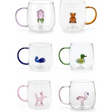 YNSK 6'lı Figürlü Cam Bardak Kupa Renkli Kulplu Sunum 350ML Tombul Cam Kupa Bardak