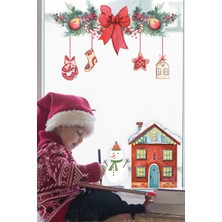 Msticker Yılbaşı Temalı Kırmızı Fiyonk ve Kardan Adam Çocuk Odası Sticker Seti Yapışkanlı