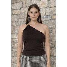 Kadın Doubleface Yumuşak Doku Tek Omuz Gold Metal Detaylı Bluz