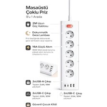 Deanb 3680W 1050J Akım Korumalı 5li Priz 2 USB 2 Type-C 3.4A Dokunmatik LED Anahtarlı 2m Kablo Çoklu Priz