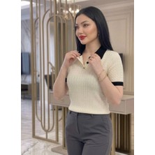 Abba1 Bayan Polo Yaka Yumuşak Dokulu Saç Örgü Desenli Triko Üst T-Shirt