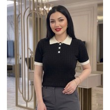 Abba1 Bayan Polo Yaka Yumuşak Dokulu Saç Örgü Desenli Triko Üst T-Shirt