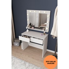 Dekorfim DF02108B LED Işıklı Aynalı Holywood Makyaj Masası, Bölmeli Çekmeceli Organizer Kozmetik Masası