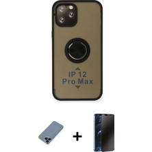 Cepte Toptan iPhone 12 Pro Yörünge Çizgi - Siyah 3D Antistatik Hayalet Cam Ekran Koruyucu + Mavi Metal Kamera Lens Koruma Cam
