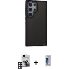 Galaxy S24 Ultra Eksen Işık - Siyah Durable Full Glue Curved Hayalet Cam + Pembe Pvd Metal Kamera Lens