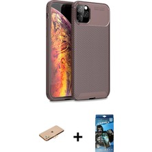 Cepte Toptan iPhone 11 Pro Max Eksen Form Prime - Siyah 34D Izgaralı Cam + Turuncu Renkli Kamera Lens Koruma Cam