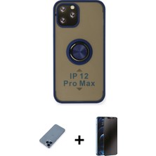 Cepte Toptan iPhone 12 Pro Yörünge Çizgi - Siyah 3D Antistatik Hayalet Cam Ekran Koruyucu + Mavi Metal Kamera Lens Koruma Cam