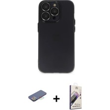 Cepte Toptan iPhone 13 Pro Max Ufuk Minimal Özel Seri - Siyah Bilvis 3D Mat Cam Ekran Koruyucu + Mavi Renkli Kamera Lens Koruma Cam