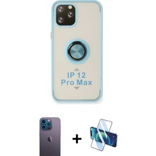 iPhone 12 Pro Max Yörünge Çizgi - Siyah 3D Antistatik Cam Ekran Koruyucu + Mavi Neon Fosforlu Kamera Lens