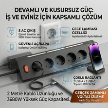 Matechno 5'li Gece Lambalı Priz Akım Gerilim Korumalı Çoklu Priz 2xusb 2xtype-C Çıkışlı Uzatma Priz Çoğaltıcı
