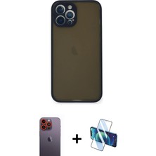 Cepte Toptan iPhone 12 Pro Ahenk Çizgi Serisi - Siyah 3D Antistatik Seramik Nano Ekran Koruyucu + Turuncu Neon Fosforlu Kamera Lens
