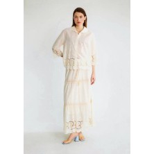 BRTC Design Kadın Krem Şal Nakış Işlemeli Pamuklu Gömlek Etek Takım