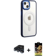 Cepte Toptan iPhone 15 Pro Yankı Işık Özel Seri - Siyah Buffer Cam Ekran Koruyucu + Lacivert Raze Metal Kamera Lens