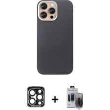 Cepte Toptan iPhone 15 Pro Max Eksen Prime - Siyah Vanessa Magic Hayalet Cam + Lacivert Pvd Metal Kamera Lens