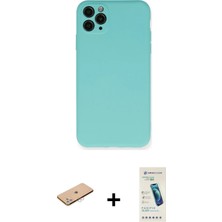 iPhone 11 Pro Max Ahenk Serisi - Şeffaf Pasifik Cam Ekran Koruyucu + Pembe Renkli Kamera Lens Koruma Cam