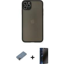 Cepte Toptan iPhone 11 Pro Max Ahenk Çizgi Serisi - Siyah 3D Antistatik Hayalet Cam Ekran Koruyucu + Mor Metal Kamera Lens Koruma Cam