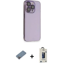 Cepte Toptan iPhone 13 Pro Max Siluet Minimal Özel Seri - Siyah Bilvis Hayalet Cam Ekran Koruyucu + Mor Metal Kamera Lens Koruma Cam
