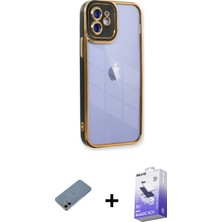 iPhone 12 Çekirdek Klasik Serisi - Siyah Bilvis 5in1 5d Magic Hayalet Cam Ekran Koruyucu + Gökkuşağı Shine Kamera Lens Koruma Cam