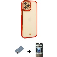 Cepte Toptan iPhone 12 Pro Çekirdek Klasik Serisi - Siyah 34D Hayalet Izgaralı Cam + Mor Metal Kamera Lens Koruma Cam