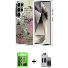 Galaxy S24 Ultra Zirve Modern Prime - Siyah Vanessa Magic Hayalet Cam + Gümüş Raze Metal Kamera Lens