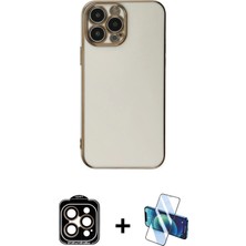 Cepte Toptan iPhone 15 Pro Max Yankı Serisi - Siyah 3D Antistatik Cam Ekran Koruyucu + Turuncu Pvd Metal Kamera Lens