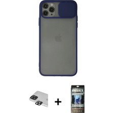 Cepte Toptan iPhone 11 Pro Max Vadi Çizgi - Siyah 34D Hayalet Izgaralı Cam + Siyah Pers Alüminyum Kamera Lens