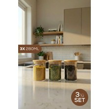 Vienev 3'lü Set Bambu Kapaklı Cam Kavanoz 280 ml - Erzak Düzenleyici Saklama Kabı (6,5X10CM)