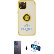 Cepte Toptan iPhone 12 Pro Max Yörünge Çizgi - Siyah 3D Antistatik Cam Ekran Koruyucu + Mavi Neon Fosforlu Kamera Lens