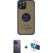 Cepte Toptan iPhone 12 Pro Max Yörünge Çizgi - Siyah 3D Antistatik Cam Ekran Koruyucu + Mavi Neon Fosforlu Kamera Lens