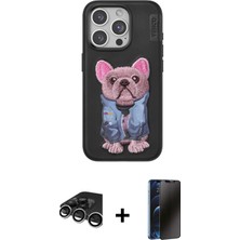 Cepte Toptan iPhone 15 Pro Max Iz Minimal Koleksiyonu - Siyah 3D Antistatik Hayalet Cam Ekran Koruyucu + Gümüş Raze Metal Kamera Lens