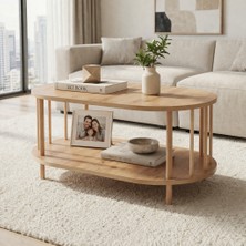 tridihome Iskandinav Tarzı Masif Ahşap Oval Orta Sehpa Çift Katlı Raflı Salon Ofis Sehpası 50X90X43 cm