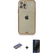 Cepte Toptan iPhone 12 Pro Eksen Minimal Koleksiyonu - Siyah 3D Antistatik Hayalet Cam Ekran Koruyucu + Turuncu Renkli Kamera Lens Koruma Cam