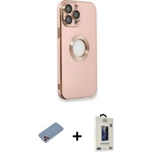 Cepte Toptan iPhone 13 Pro Max Iz Form Serisi - Siyah Bilvis Hayalet Cam Ekran Koruyucu + Pembe Shine Kamera Lens Koruma Cam