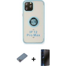Cepte Toptan iPhone 12 Pro Yörünge Çizgi - Siyah 3D Antistatik Hayalet Cam Ekran Koruyucu + Mor Metal Kamera Lens Koruma Cam
