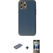 Cepte Toptan iPhone 12 Pro Ahenk Işık - Siyah 34D Hayalet Izgaralı Cam + Mavi Renkli Kamera Lens Koruma Cam