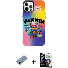 iPhone 12 Pro Max Siluet Çizgi Koleksiyonu - Şeffaf Temperli Cam Ekran Koruyucu + Gökkuşağı Shine Kamera Lens Koruma Cam