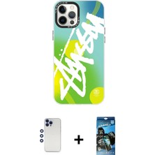 iPhone 12 Pro Max Siluet Çizgi Koleksiyonu - Siyah 34D Izgaralı Cam + Lacivert Shine Kamera Lens