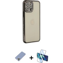 Cepte Toptan iPhone 12 Pro Yörünge Koleksiyonu - Siyah 3D Antistatik Seramik Nano Ekran Koruyucu + Koyu Yeşil Metal Kamera Lens Koruma Cam