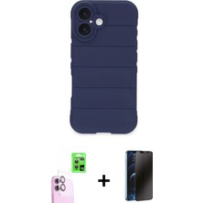 Cepte Toptan iPhone 16 Plus Atlas Koleksiyonu - Siyah 3D Antistatik Hayalet Cam Ekran Koruyucu + Pembe Raze Metal Kamera Lens
