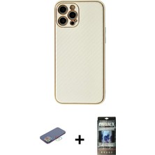 Cepte Toptan iPhone 12 Pro Ahenk Işık - Siyah 34D Hayalet Izgaralı Cam + Mavi Renkli Kamera Lens Koruma Cam