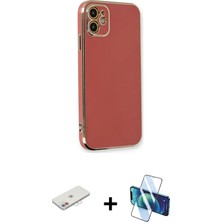 iPhone 11 Yankı Serisi - Siyah 3D Antistatik Seramik Nano Ekran Koruyucu + Pembe Renkli Kamera Lens Koruma Cam