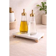 Marbello Ahşap Ayaklı Beyaz Mermer Yağdanlık Altlığı 15X30 cm Organizer Tepsi