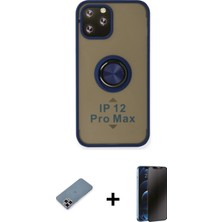 Cepte Toptan iPhone 12 Pro Yörünge Çizgi - Siyah 3D Antistatik Hayalet Cam Ekran Koruyucu + Mor Metal Kamera Lens Koruma Cam