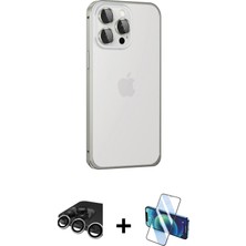 Cepte Toptan iPhone 15 Pro Max Eksen Form Serisi - Siyah 3D Antistatik Cam Ekran Koruyucu + Gümüş Raze Metal Kamera Lens