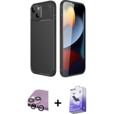 Cepte Toptan iPhone 14 Eksen Form Prime - Siyah Bilvis 5in1 5d Magic Hayalet Cam Ekran Koruyucu + Mor Raze Metal Kamera Lens