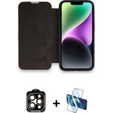 iPhone 14 Pro Max Siluet Minimal Serisi - Siyah 3D Antistatik Cam Ekran Koruyucu + Turuncu Pvd Metal Kamera Lens